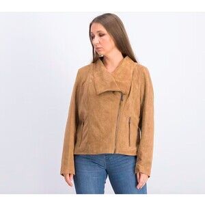 BCBGeneration Women's Faux Suede Drapey Jacket L Camel Brown Moto Wide Collar A2